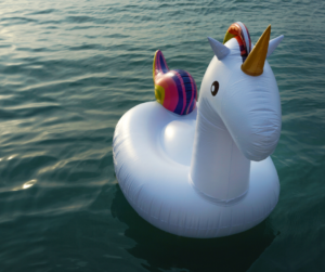 A unicorn is hard to find. This image shows a floating plastic unicorn 